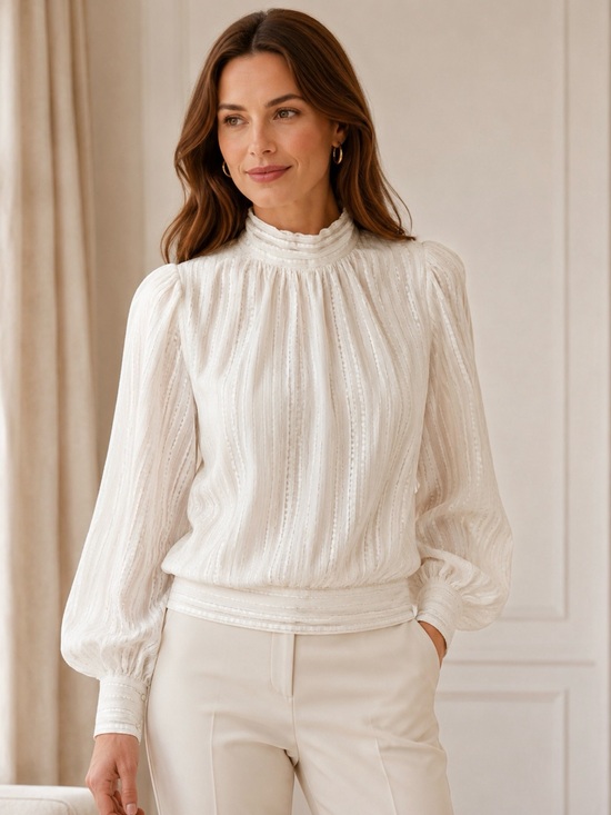 Ann Taylor Tops - Ann Taylor Small Ivory Metallic Stripe High Neck Puff Sleeve Romantic Blouse
